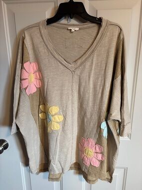 easel Taupe Tunic with Pink, Yellow & Blue Floral Appliqués
